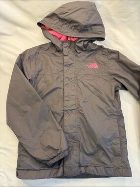 The North Face Girls' Gray Raincoat with Pink Logo & Lining